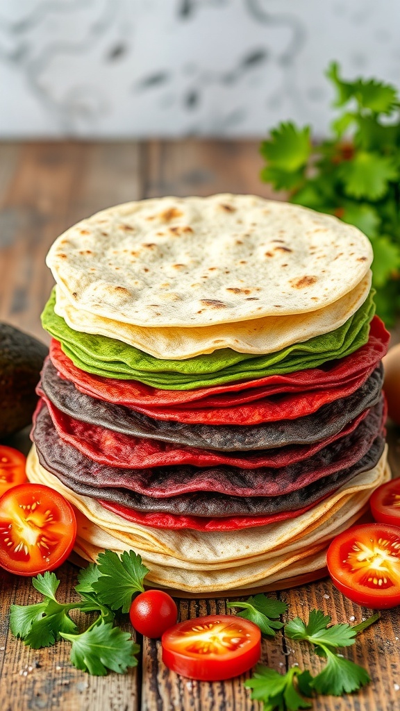 A stack of colorful tricolor tortillas in green, white, and red on a wooden table, surrounded by fresh ingredients.